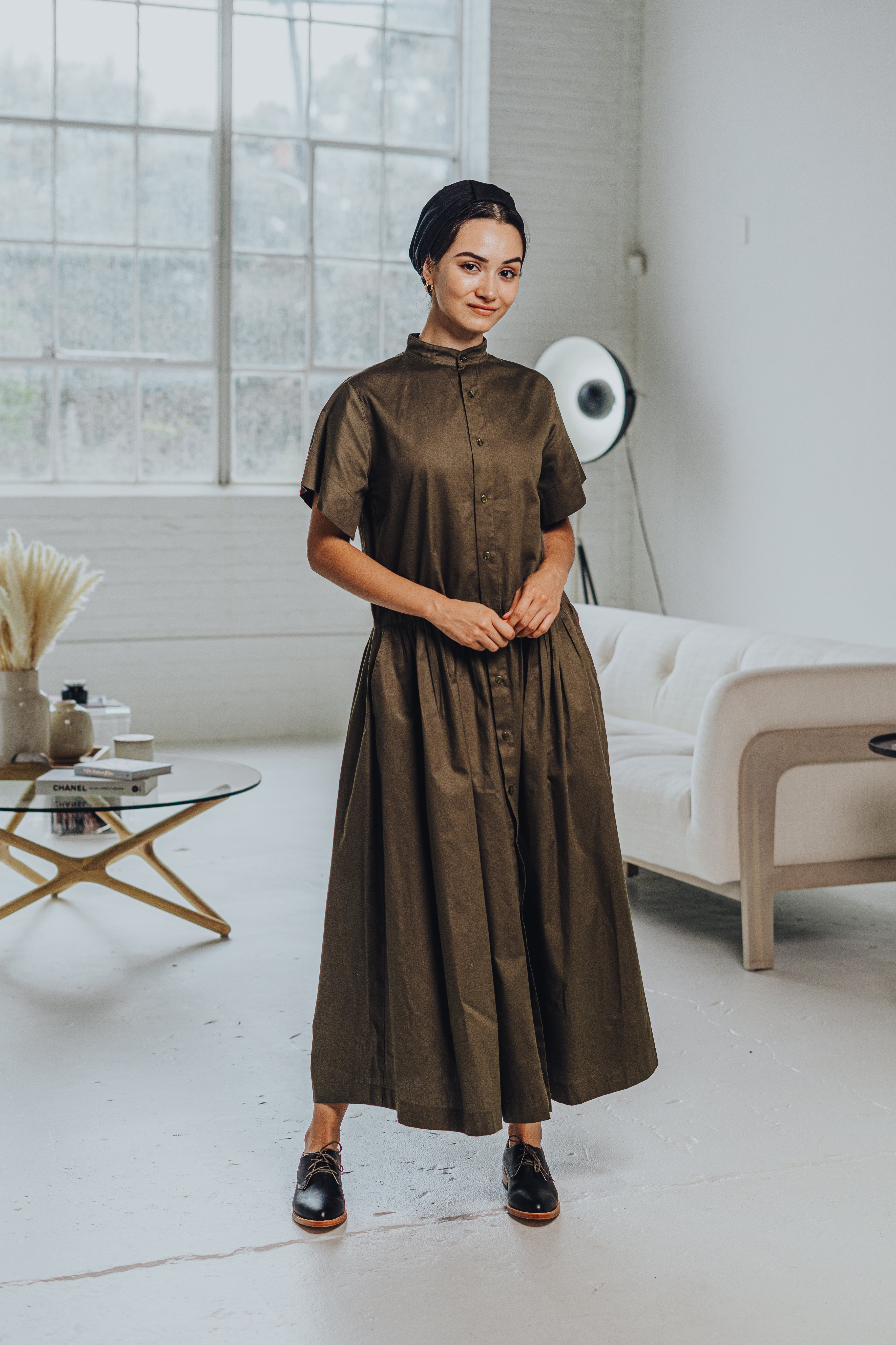 OLIVE OVERSIZE DROP-WAIST DRESS